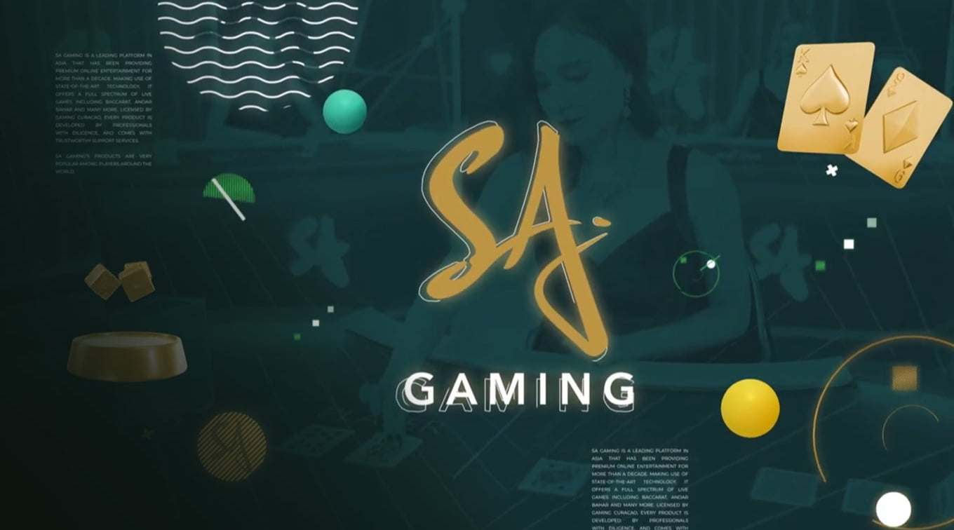 Graphic design featuring the text 'SA Gaming' with abstract shapes and gaming elements in the background.