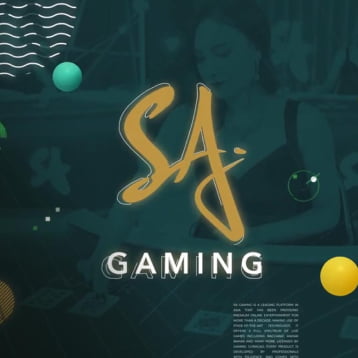 Graphic design featuring the text 'SA Gaming' with abstract shapes and gaming elements in the background.