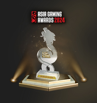 A silver trophy shaped like a dragon, featuring the text 'ASIA GAMING AWARDS 2024' at the top, displayed on a pedestal with soft spotlights illuminating it against a dark background.