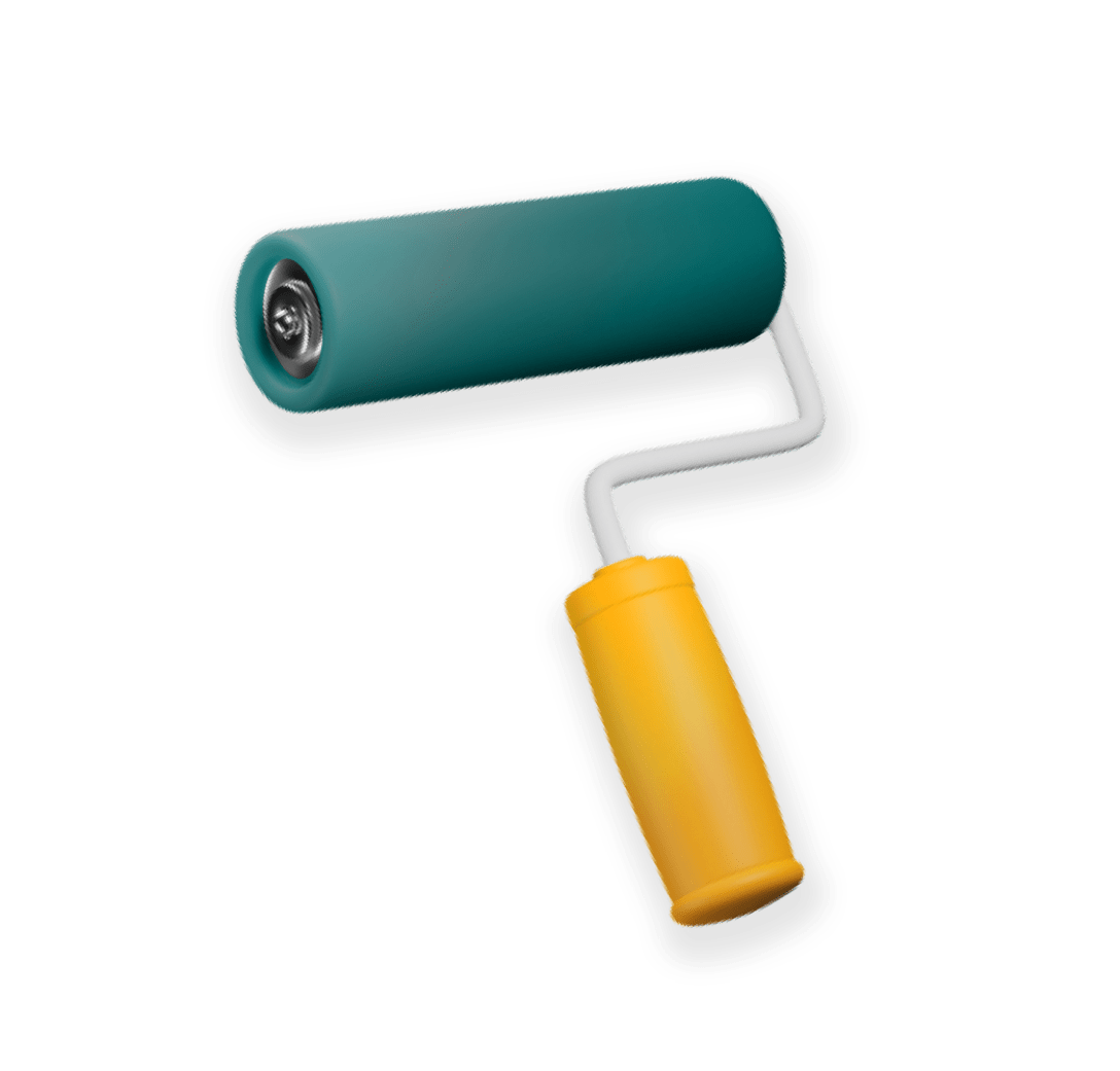 Three-dimensional illustration of a paint roller with a teal roller and a yellow handle.