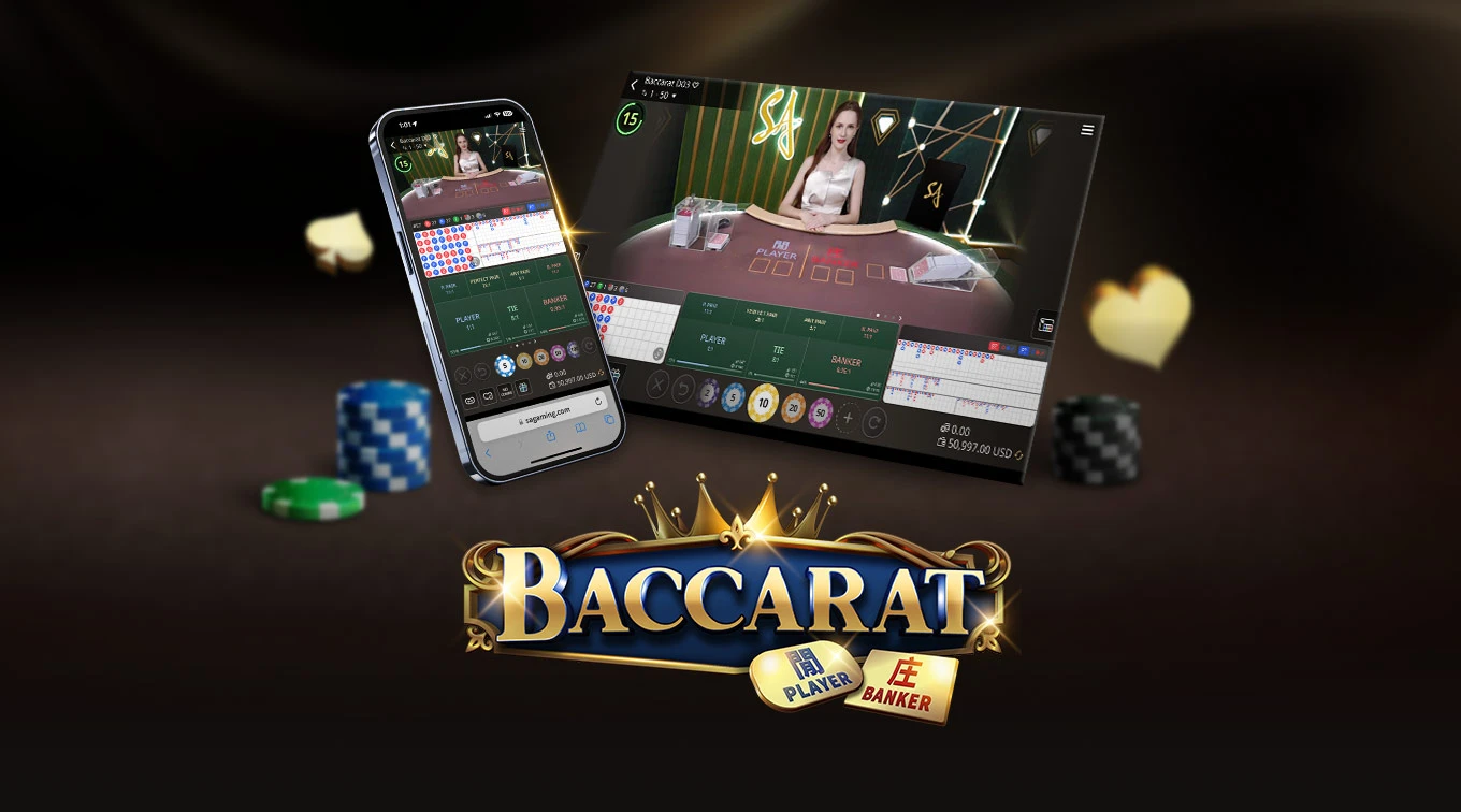 Visual showcasing an online Baccarat game interface, featuring a dealer and gaming tables, with a smartphone displaying the game. The word 'BACCARAT' is prominently featured at the bottom, along with 'PLAYER' and 'BANKER' labels.