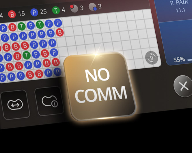 Image of an online Baccarat game interface featuring a scoreboard with colored circles indicating player and banker outcomes. A prominent button labeled 'NO COMM' is highlighted in gold.