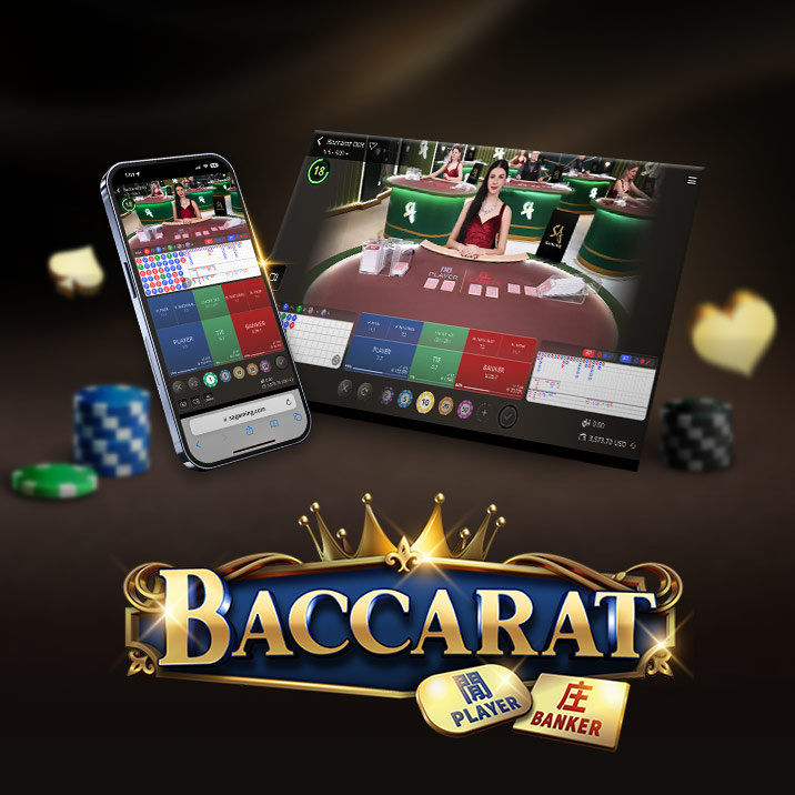 Visual showcasing an online Baccarat game interface, featuring a dealer and gaming tables, with a smartphone displaying the game. The word 'BACCARAT' is prominently featured at the bottom, along with 'PLAYER' and 'BANKER' labels.