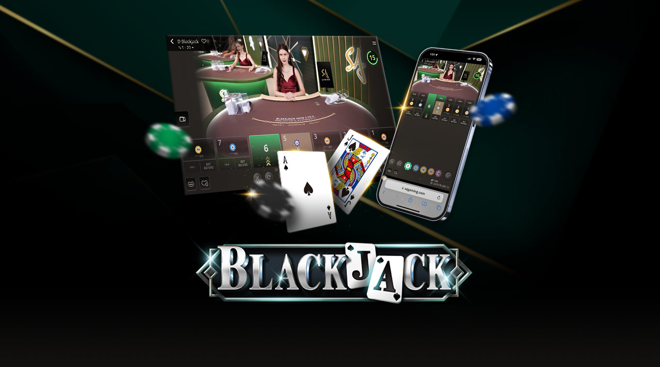 Image for an online Blackjack game featuring a dealer at a casino table on the left and a mobile interface on the right. The text 'BLACKJACK' is prominently displayed at the bottom, with playing cards and poker chips floating around.