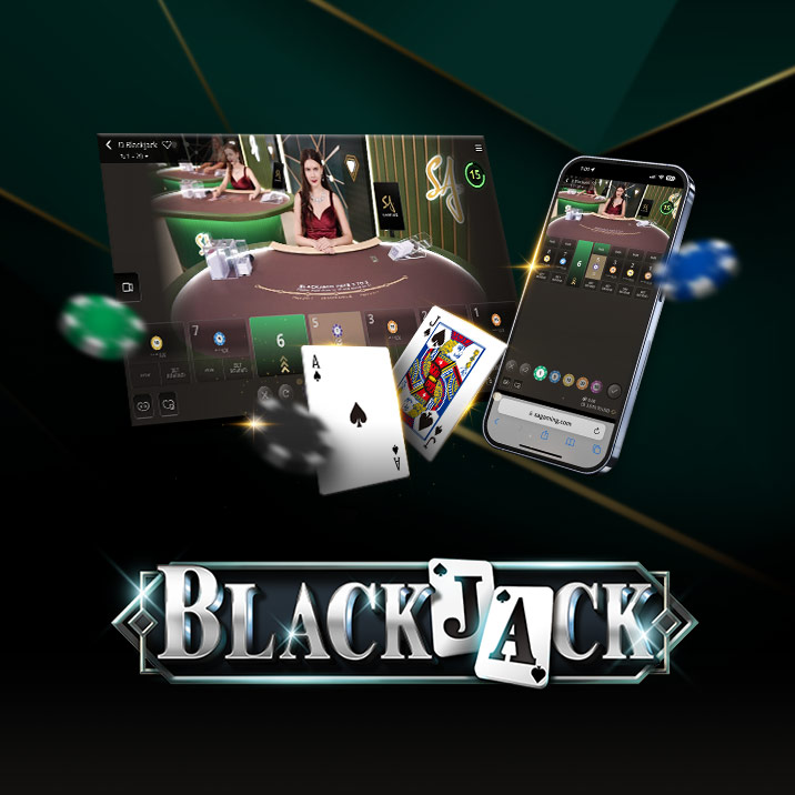 Image for an online Blackjack game featuring a dealer at a casino table on the left and a mobile interface on the right. The text 'BLACKJACK' is prominently displayed at the bottom, with playing cards and poker chips floating around.