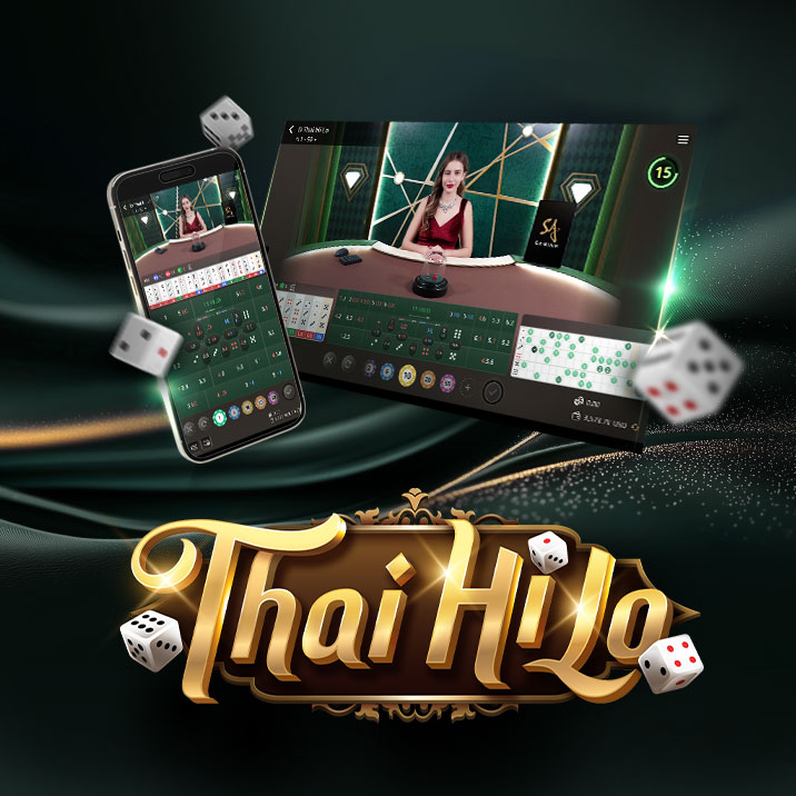 Image for an online Thai HiLo game featuring a dealer at a gaming table on the right and a mobile interface on the left. The text 'Thai HiLo' is prominently displayed at the bottom, accompanied by 3 dice.