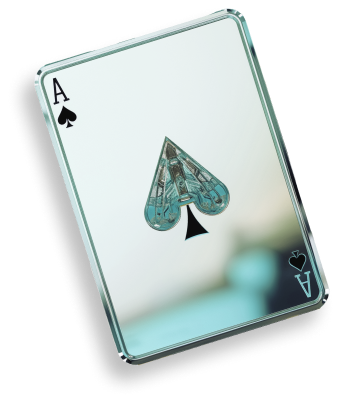 3D illustration of an Ace of Spades playing card, featuring a stylized spade symbol in the center and a glossy finish, with a blurred background.