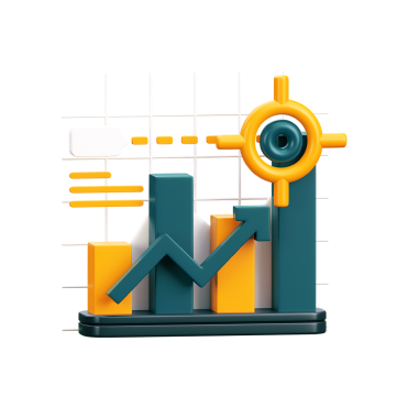 3D illustration of a bar graph in teal and orange, featuring a target symbol at the top right and horizontal lines in the background, representing growth and data analysis.