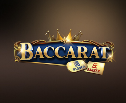 Stylized 'Baccarat' logo with gold lettering, featuring a royal crown and two buttons labeled 'PLAYER' and 'BANKER' in contrasting colors, set against a gradient background of dark brown.