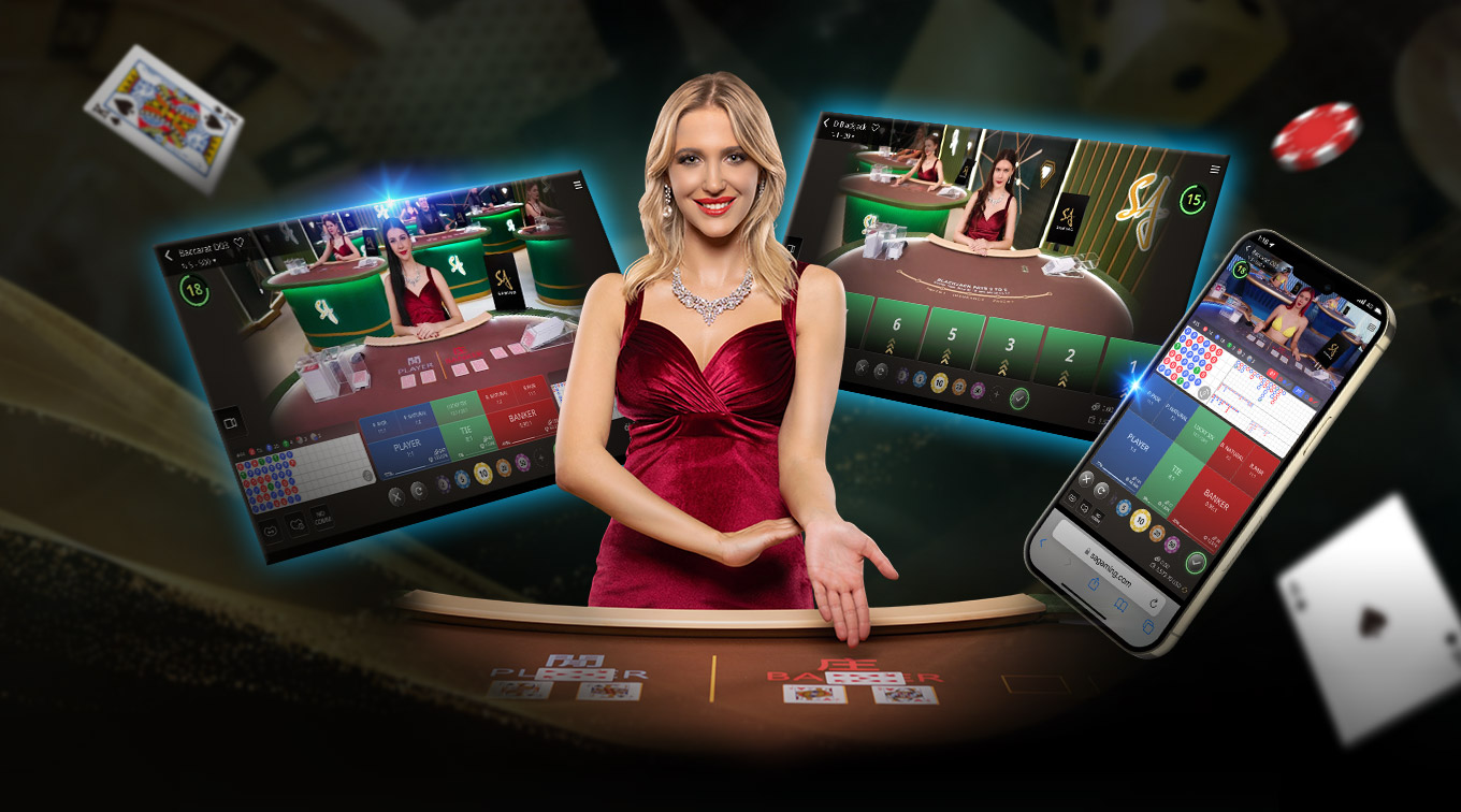 A graphic showcasing 'SA Gaming' with a woman in a red dress at the center. Surrounding her are two screens displaying online blackjack tables and a smartphone with game graphics. The background features a casino setting.