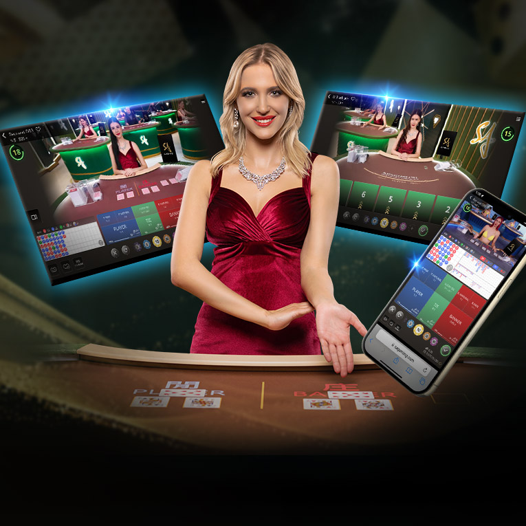 A graphic showcasing 'SA Gaming' with a woman in a red dress at the center. Surrounding her are two screens displaying online blackjack tables and a smartphone with game graphics. The background features a casino setting.