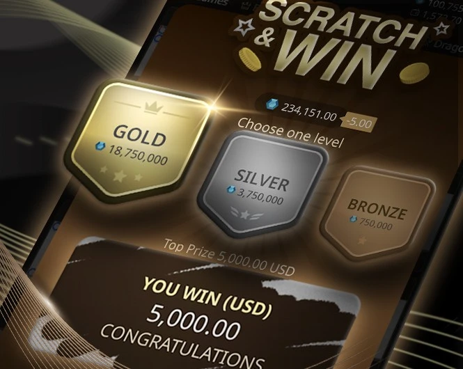 SA Gaming casino gaming interface featuring a Scratch & Win game with gold, silver, and bronze prize levels and rewards.